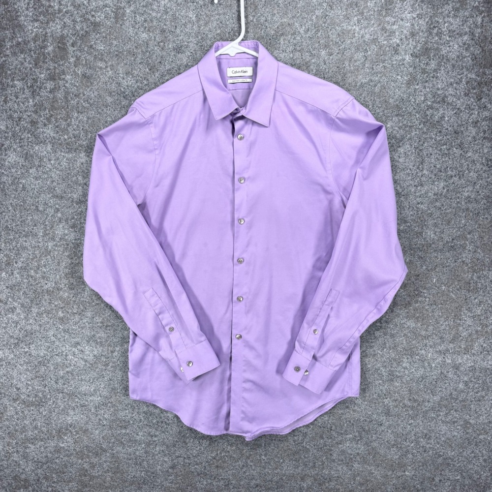 Calvin Klein Men's 15.5 34/35 Slim Fit Non-Iron Purple Cotton Dress Shirt Solid